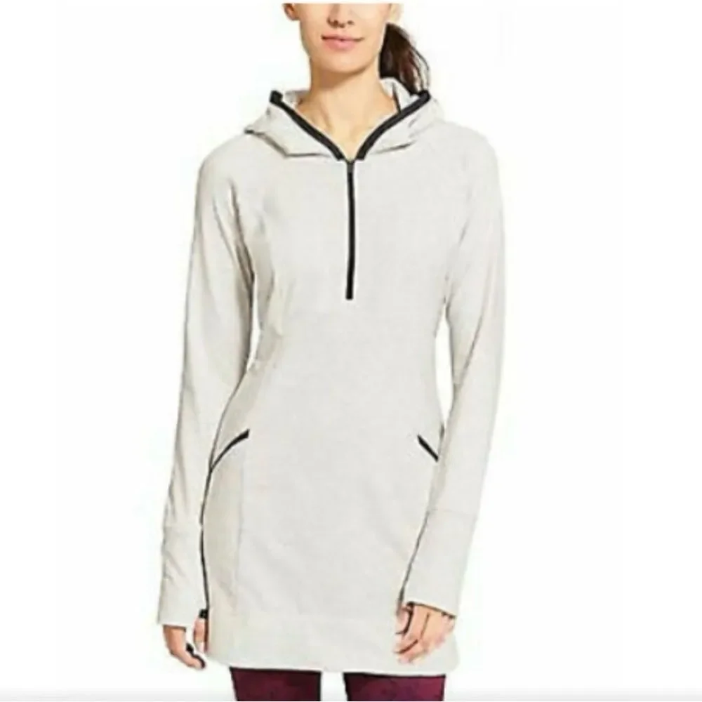 Athleta Long Zip Up Hoodie Heathered Gray Tunic Duster Sweatshirt Womens Small